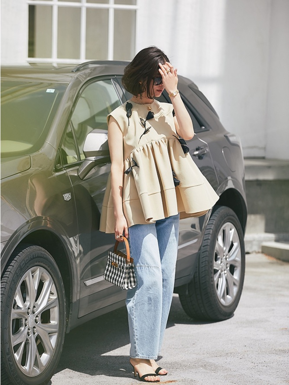 Beige Floral Appliqué Peplum Tunic Top